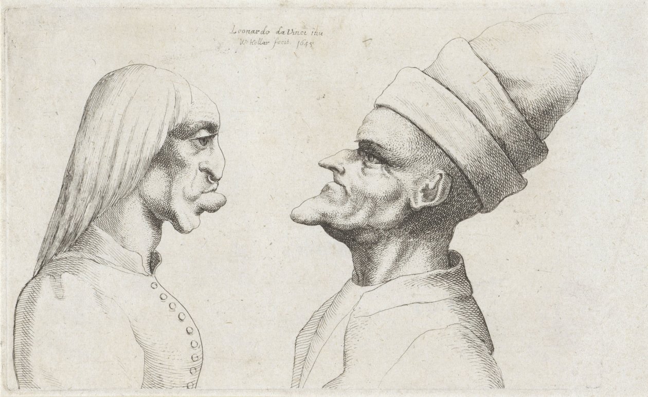 Deformed Heads of a Woman with Straight Hair and a Man with a Double-Brimmed Hat, Caricatures, Heads and Deformations after Leonardo da Vinci (series title) by Wenceslaus Hollar