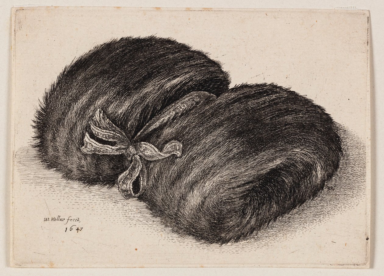 Dark Fur Muff with a Ribbon by Wenceslaus Hollar
