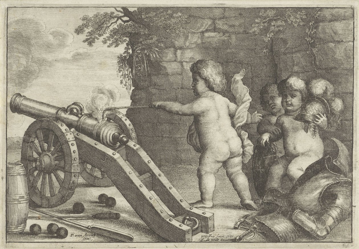 Putti Firing a Cannon: The Element Fire by Wenceslaus Hollar