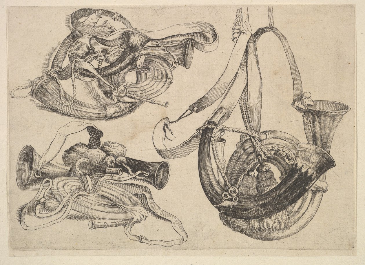 Seven Hunting Horns in Three Groupings, 1625-77 by Wenceslaus Hollar