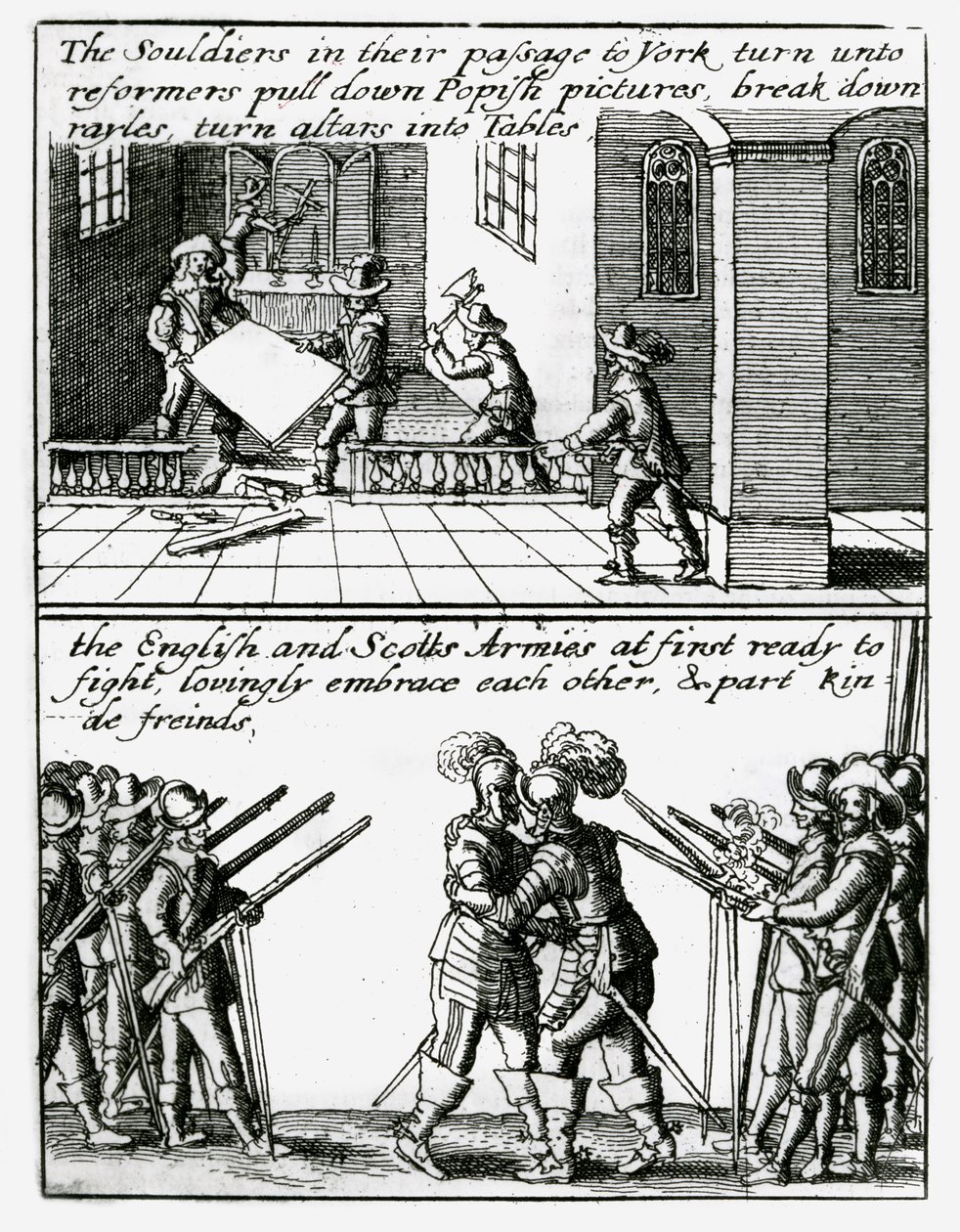 Soldiers destroy religious images in a church; English and Scottish soldiers embrace by Wenceslaus Hollar