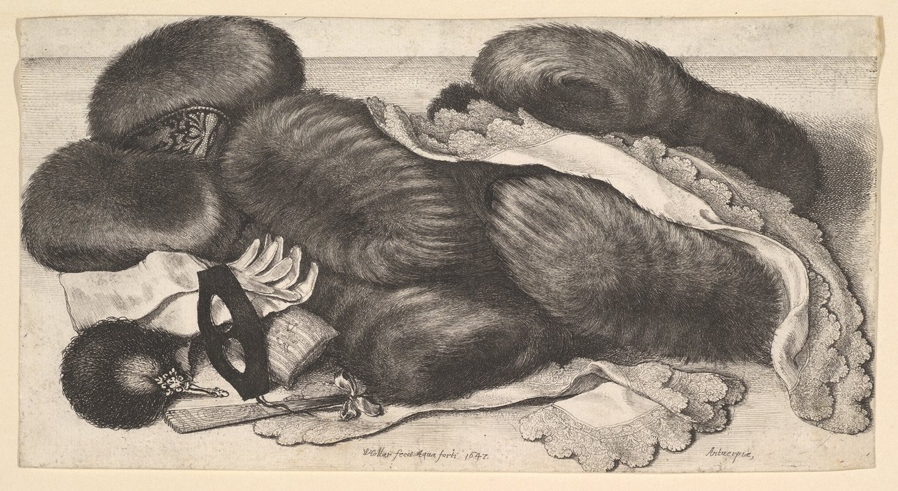 Still-life with a group of muffs, a pair of gloves, fans, mask and two kerchiefs by Wenceslaus Hollar