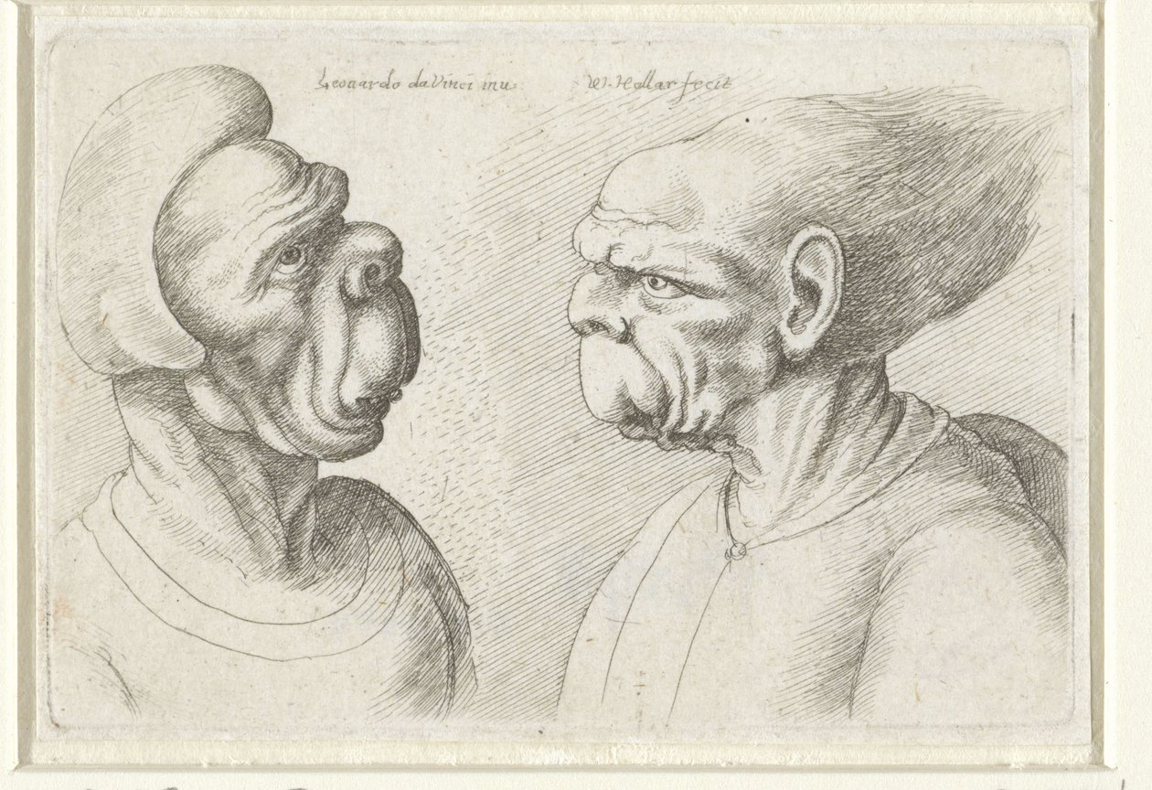 Two Deformed Heads Caricatures, Heads and Deformations after Leonardo da Vinci (series title) by Wenceslaus Hollar