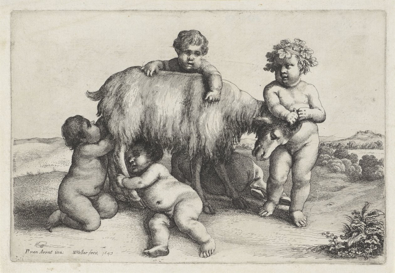 Four Boys, a Satyr and a Goat Standing to the Right (series title: Putti and Satyrs) by Wenceslaus Hollar