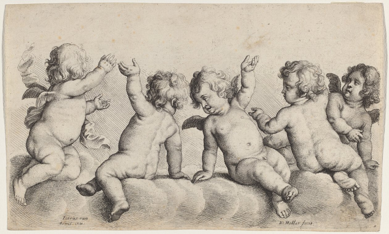 Three Cherubs and Two Boys on Clouds by Wenceslaus Hollar, after Peeter van Avont