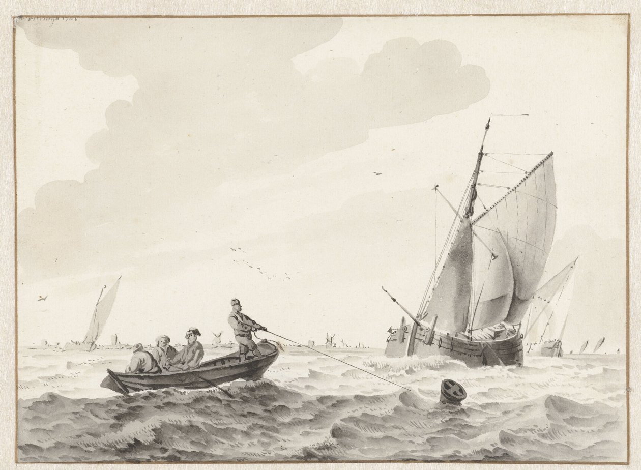 Wavy Water with a Rowboat by a Buoy by Wigerus Vitringa