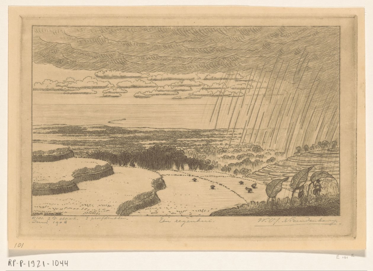 Rain Shower Over the Rice Fields at Gitgit in Bali by Wijnand Otto Jan Nieuwenkamp (signed by artist)
