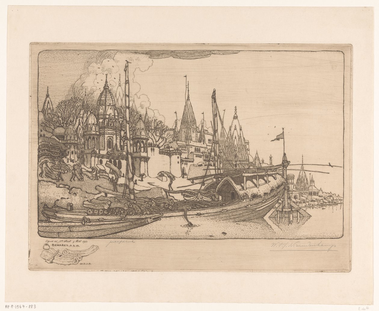 Ship with Firewood on the Bank of the Ganges in Benares by Wijnand Otto Jan Nieuwenkamp (signed by artist)