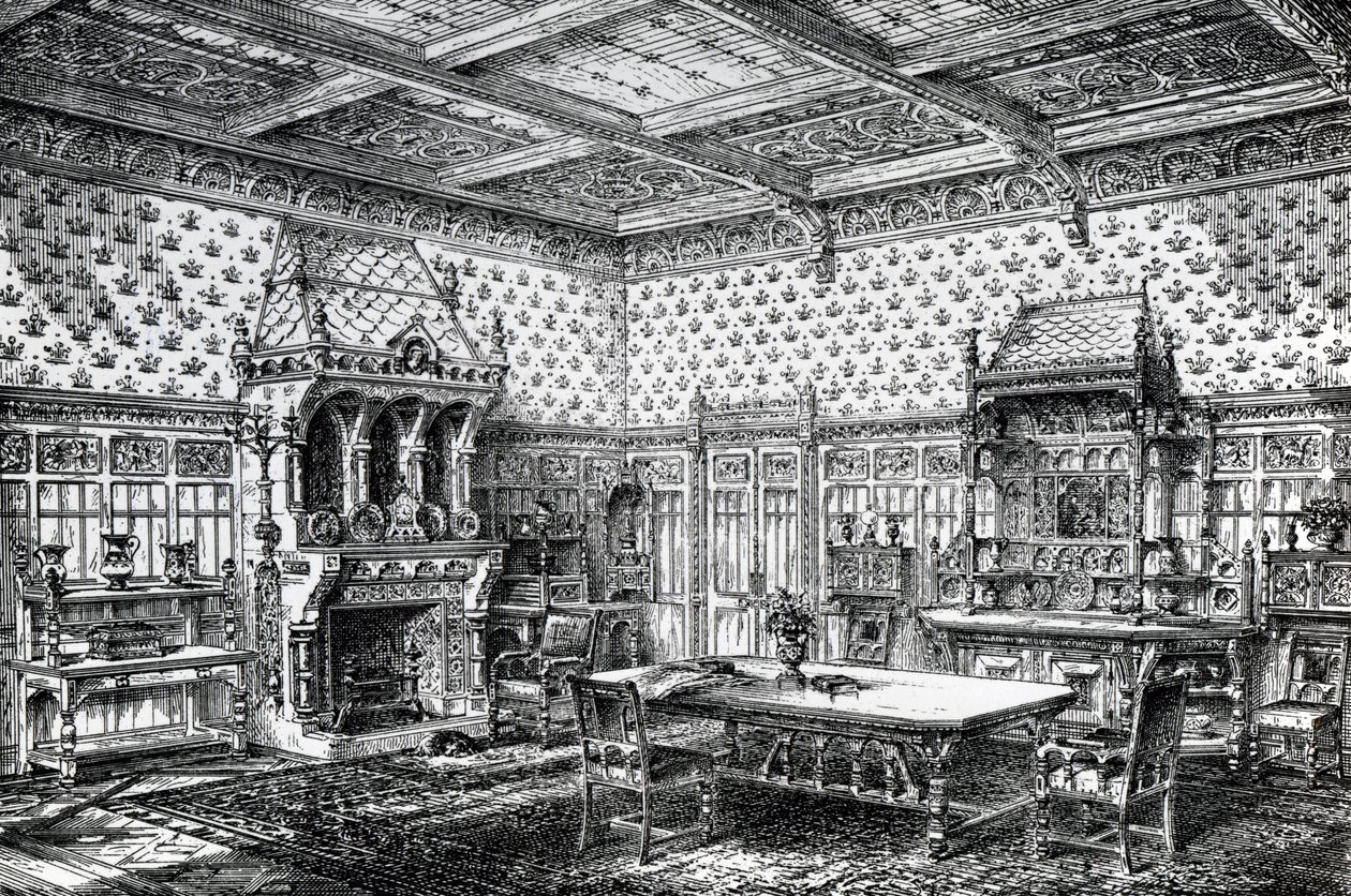 Design for a Gothic Dining Room, published in The House-Furnisher & Decorator, September 1, 1872 by Wilberforce Haddon
