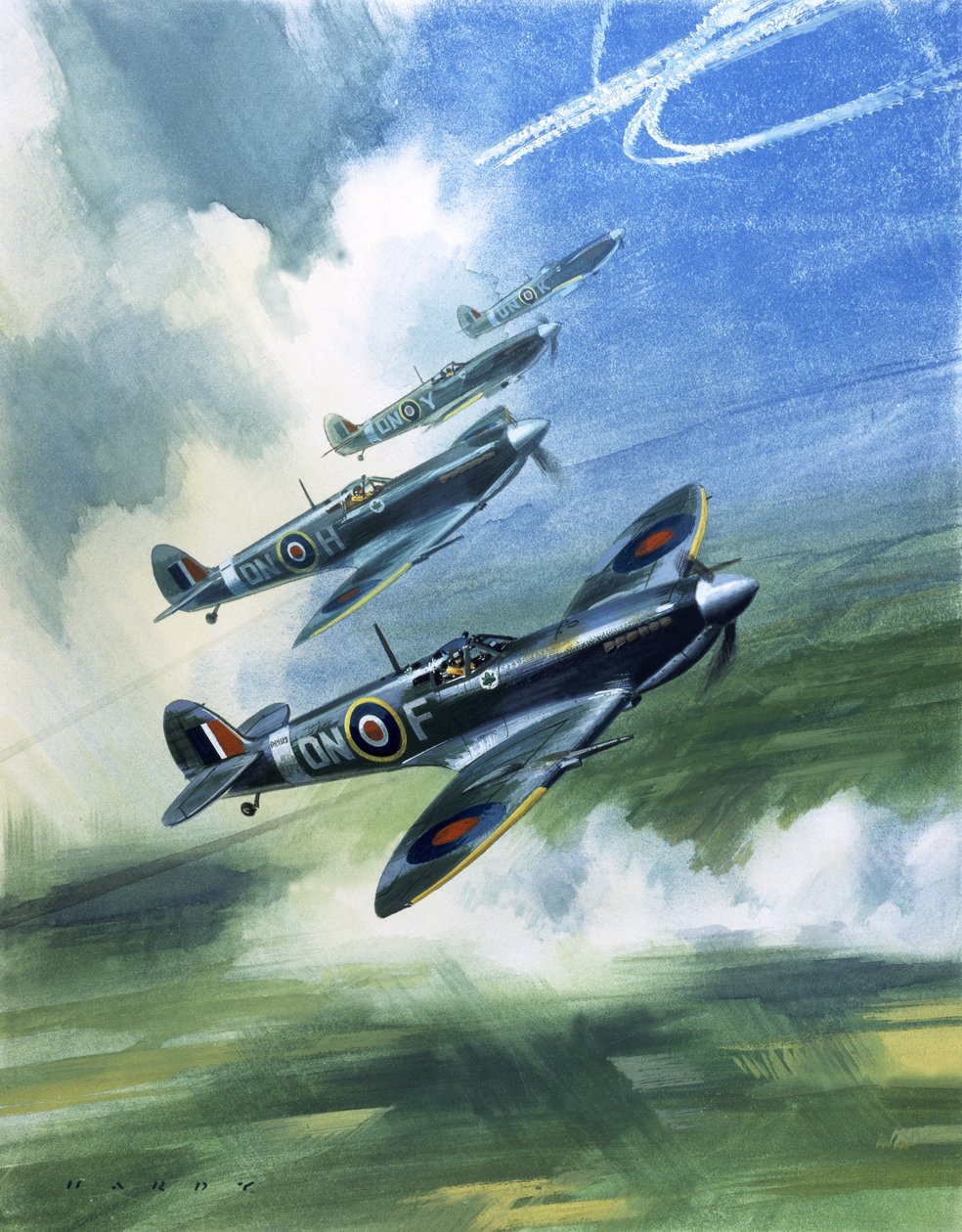 Patrolling flight of 416 Squadron, Royal Canadian Air Force, Spitfire Mark 9s by Wilf (20th century) Hardy