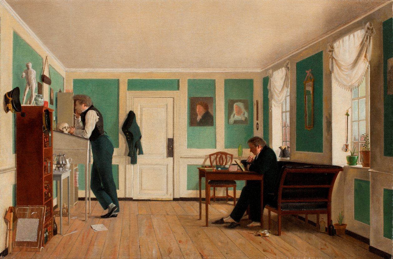 Interior from Amaliegade. Captain Carl Ludvig Bendz standing and Dr. Jacob Christian Bendz seated by Wilhelm Bendz