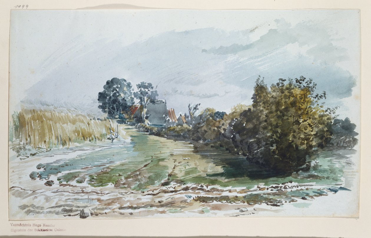 Path Between Cornfield and Shrubs with Cottages in the Background by Wilhelm Busch