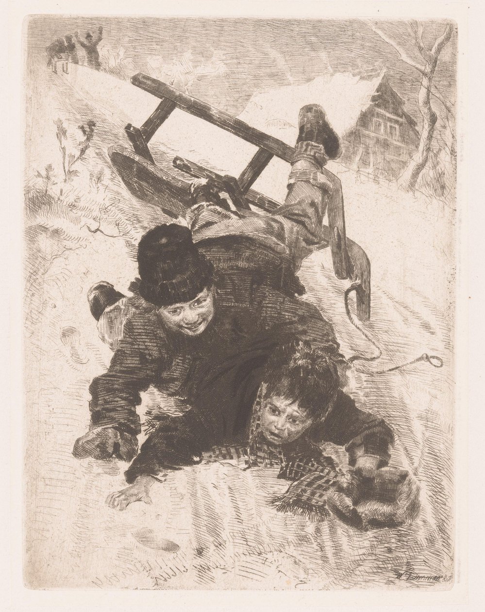 Two Boys Falling from a Sled by Wilhelm Carl August Zimmer