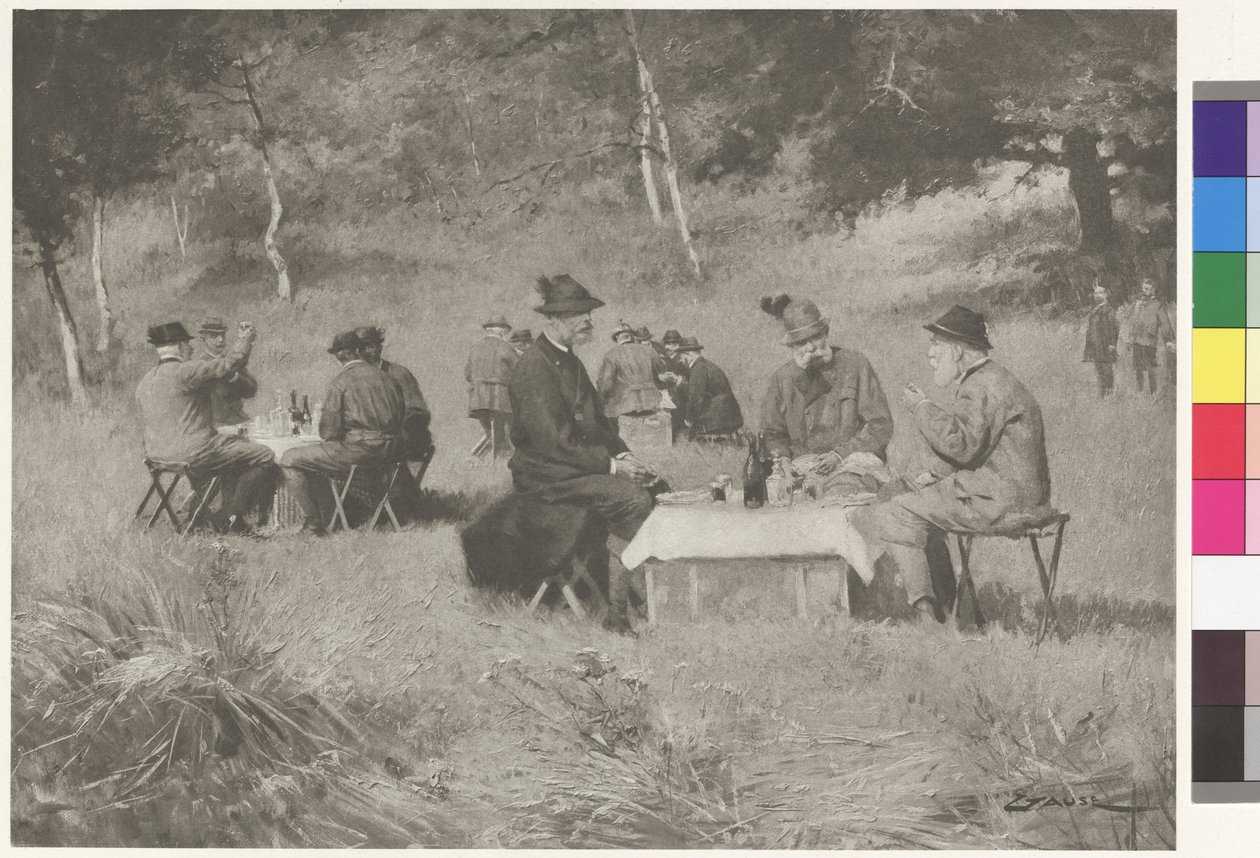 Hunting Party - Emperor Franz Joseph at Table with Prince Leopold of Bavaria and Grand Duke Ferdinand IV from Tuscany by Wilhelm Gause