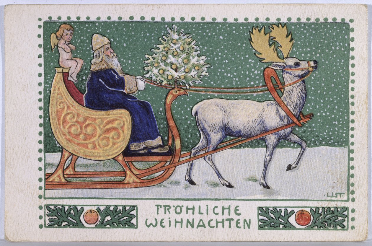 Postcard Depicting Father Christmas on His Sleigh by Wilhelm List