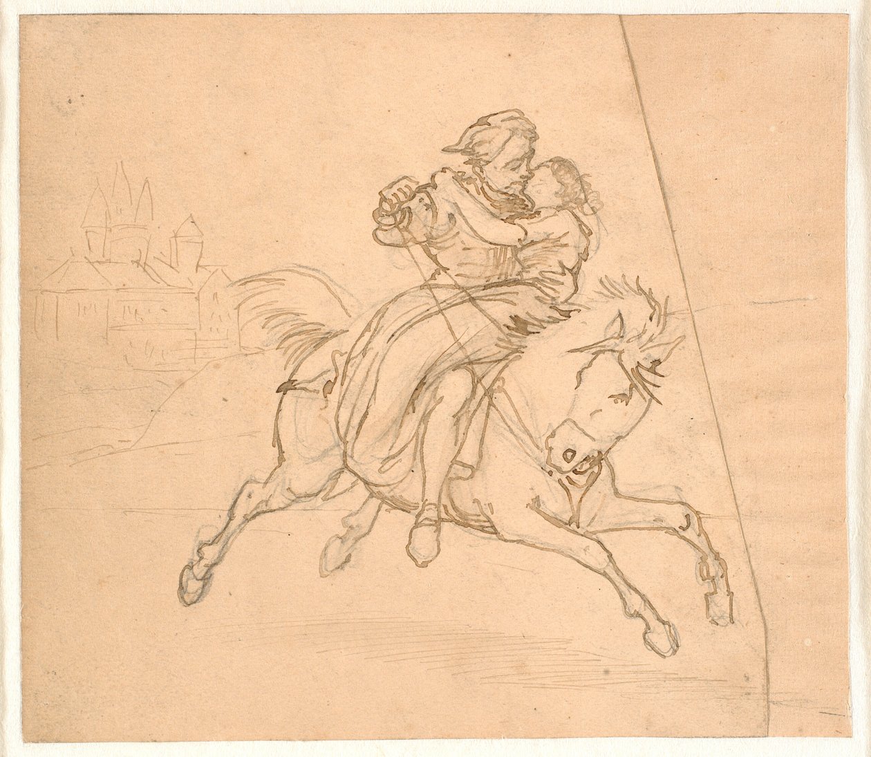 The Abduction. Riding Couple, Castle or Fortress in the Background by Wilhelm Marstrand