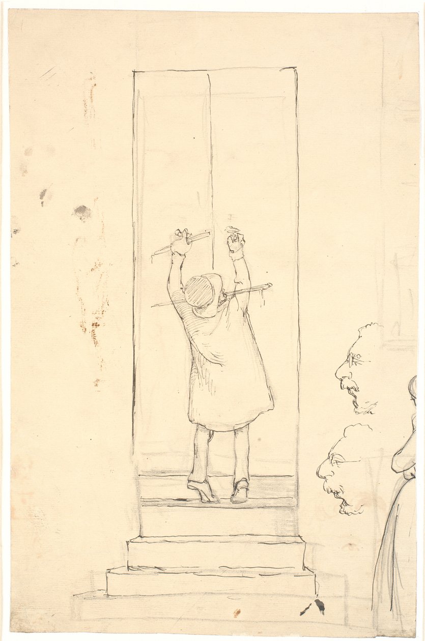 A Little Man Stands on Tiptoe to Open a Door with a Latch. Sketch of Profiles and Woman by Wilhelm Marstrand