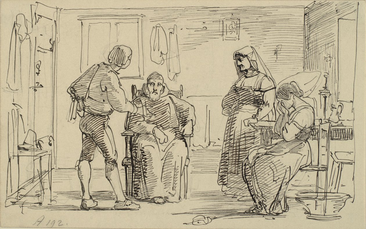 Interior Where a Young Man Explains Something to a Seated Monk, Right a Crying Girl and Old Woman by Wilhelm Marstrand