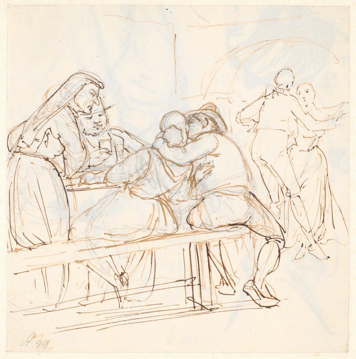 Easter scene, in the foreground a seated couple kissing by Wilhelm Marstrand
