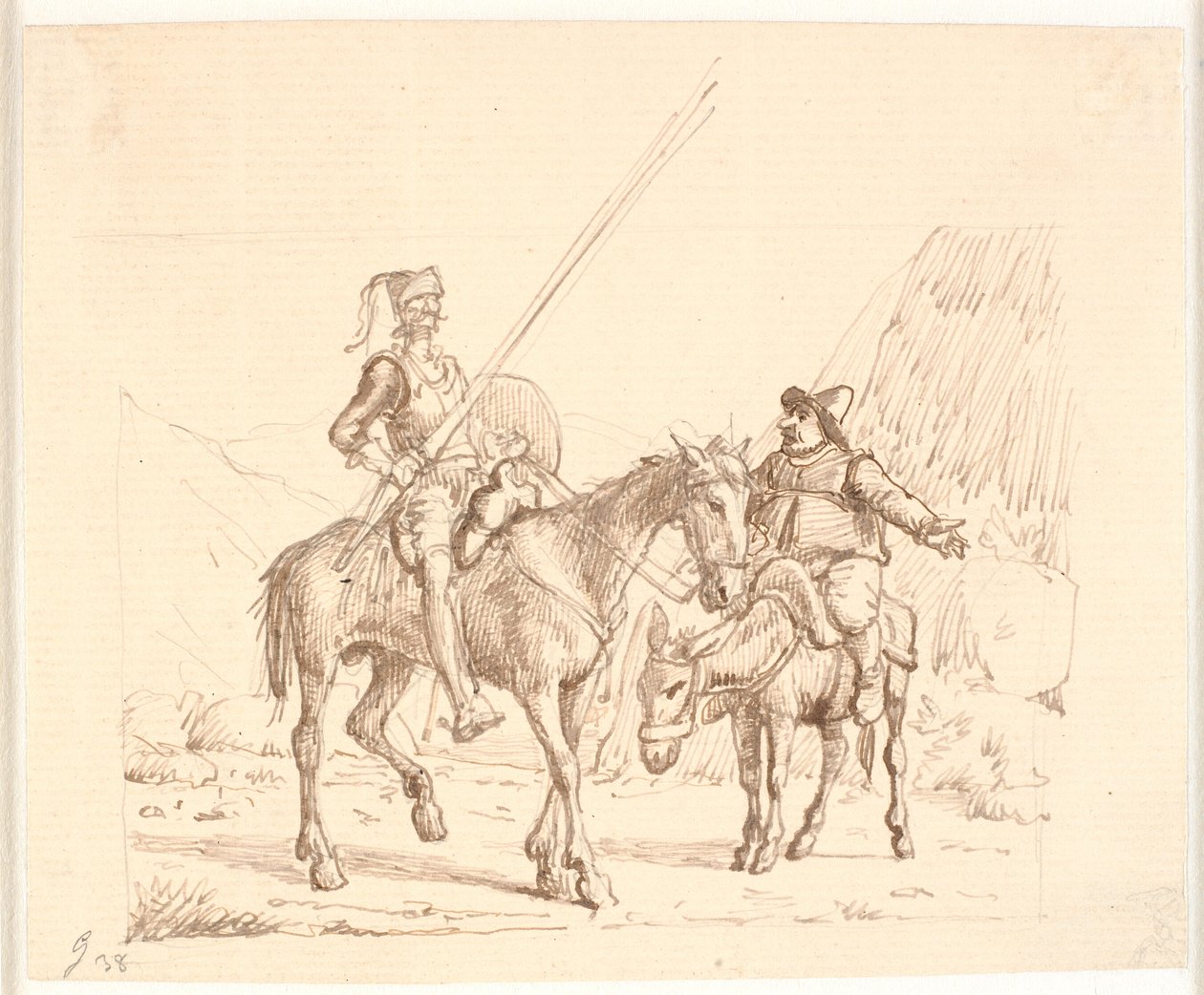 Sancho on the donkey explaining something to Don Quixote by Wilhelm Marstrand