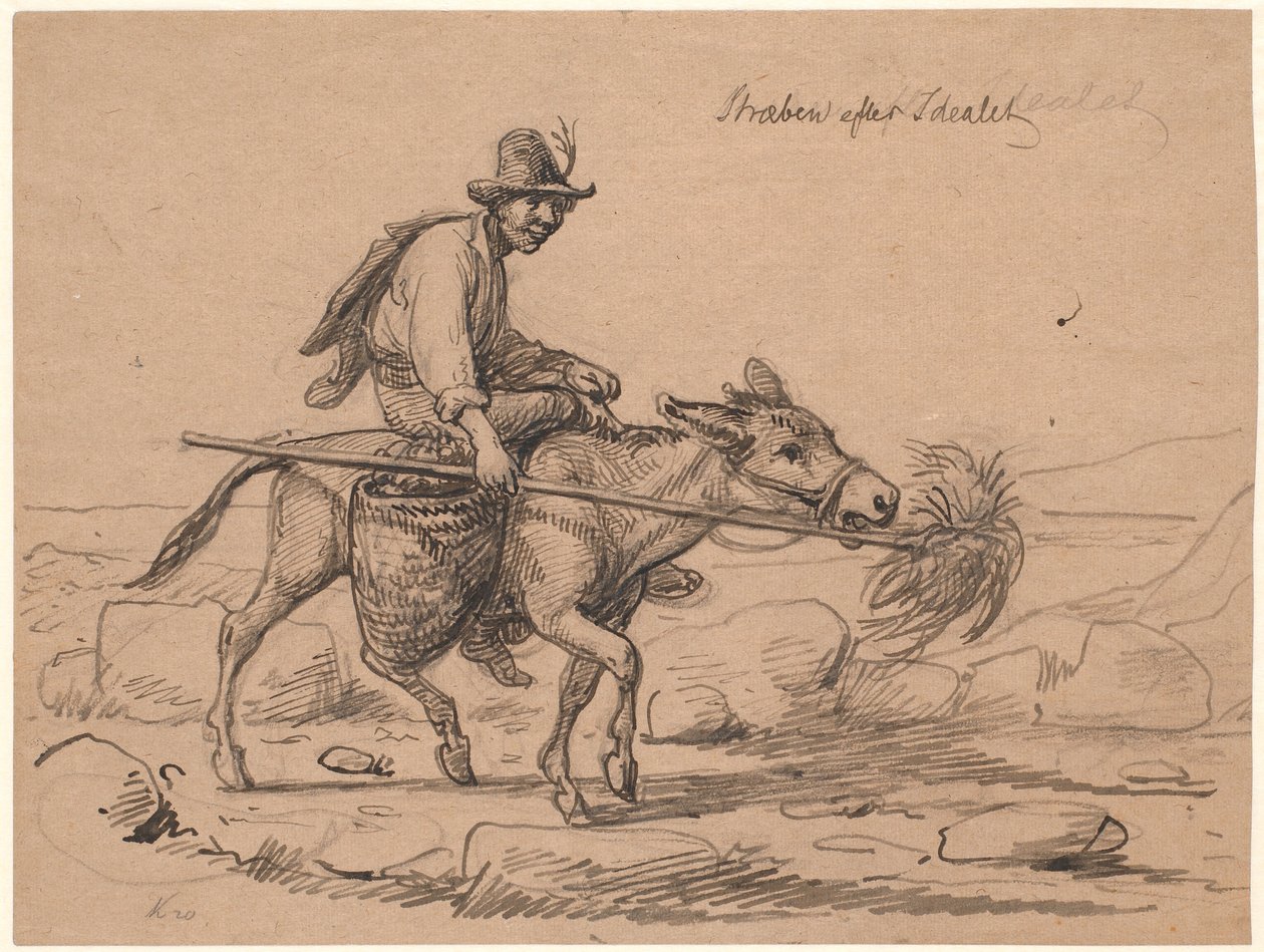 Striving for the ideal. Italian donkey rider drives the animal forward by holding a wisp of hay on a stick in front of its nose by Wilhelm Marstrand