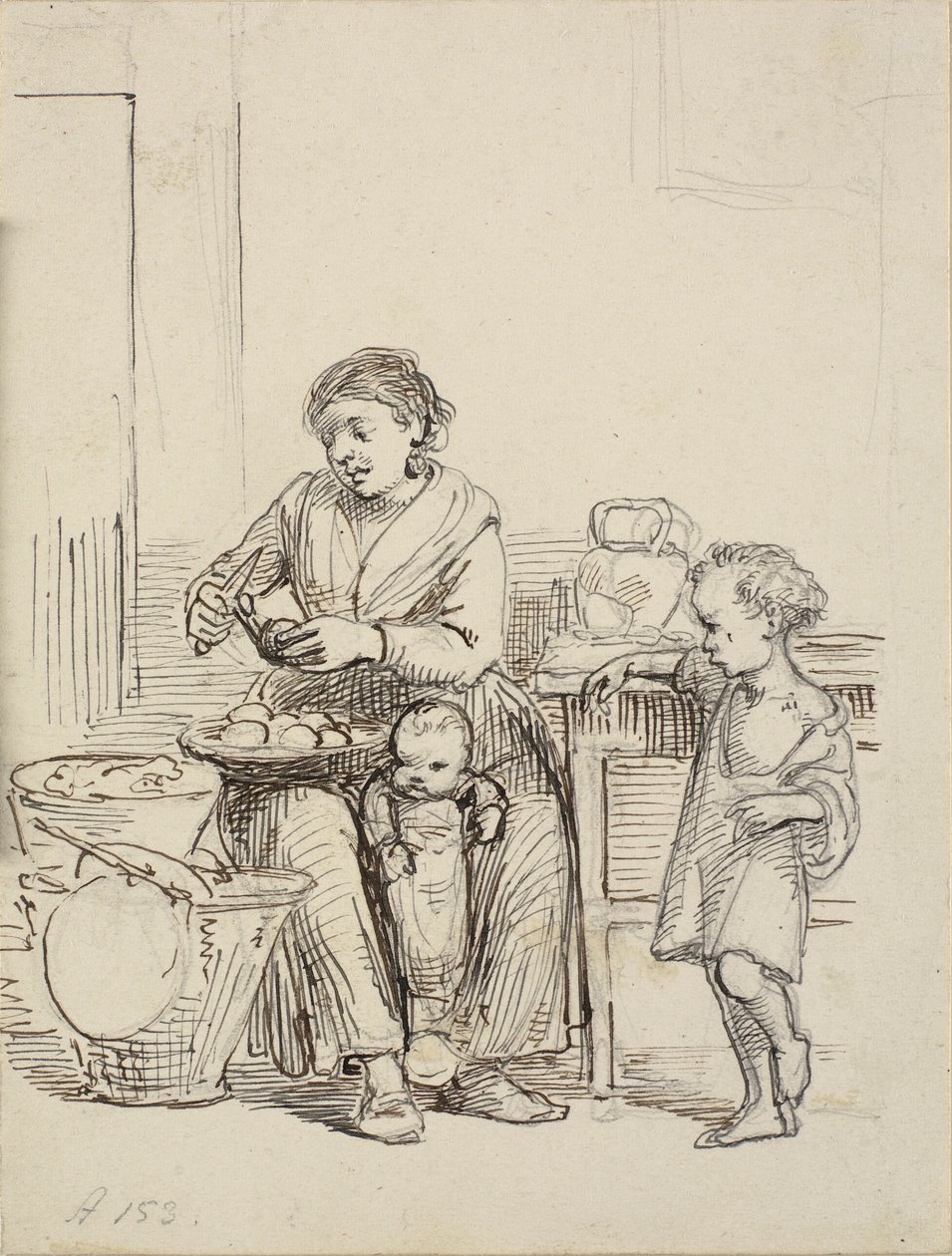 Two Children and a Woman Peeling Potatoes by Wilhelm Marstrand