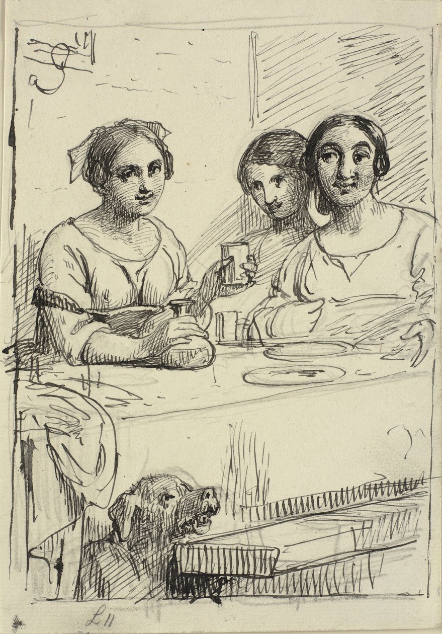 Three Girls at a Table, with a Dog Under the Table by Wilhelm Marstrand