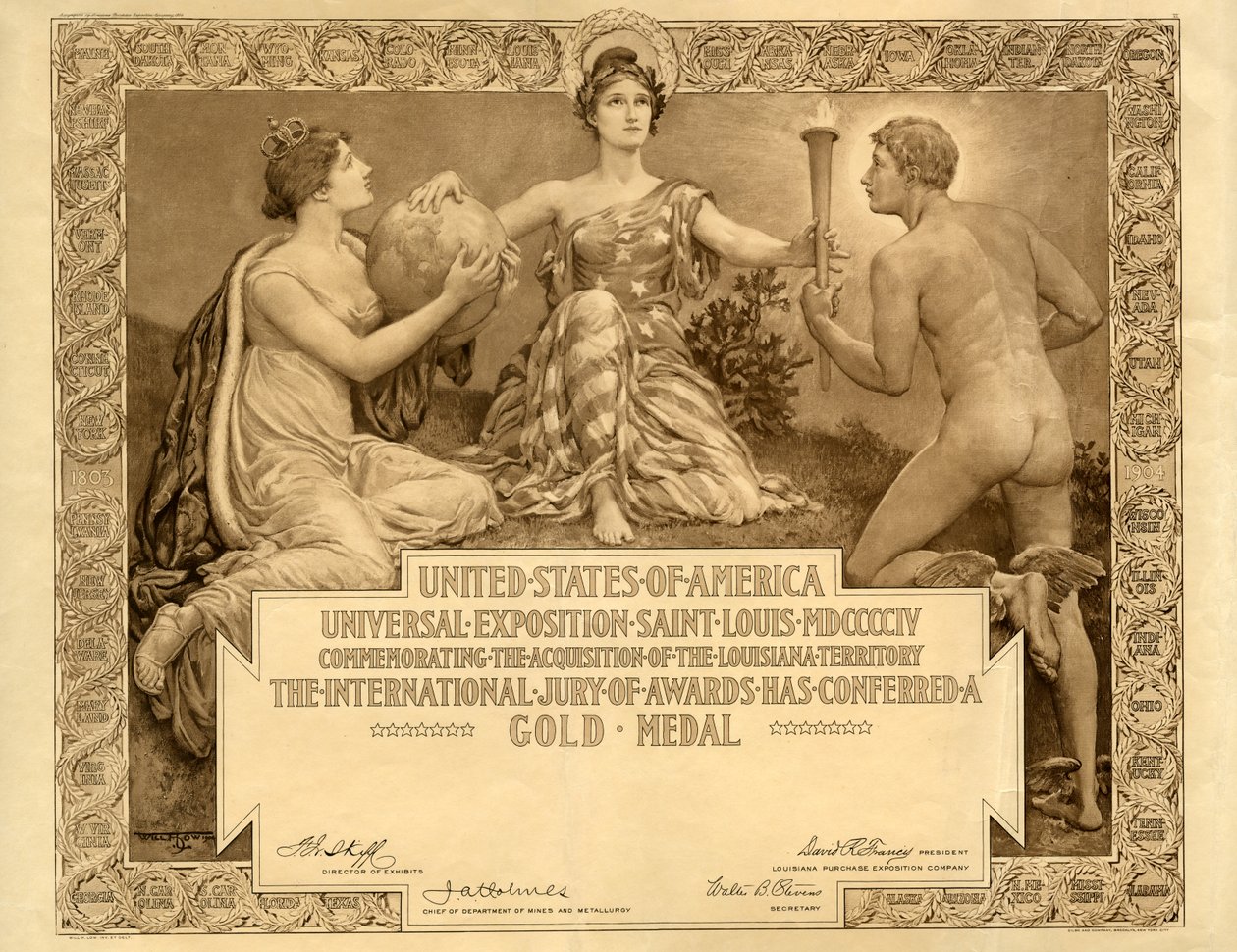Louisiana Purchase Exposition Blank Gold Medal Certificate, 1904 by Will H. Low