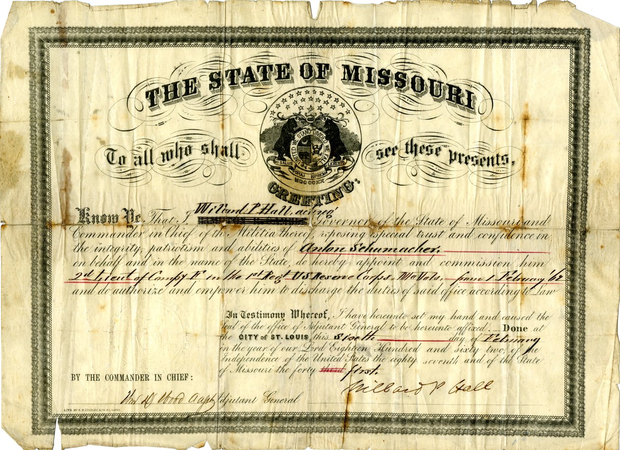 Military Commission of Anton Schumacher as 2nd Lieutenant of Company F in the 1st Regiment U.S.R.C., Missouri Volunteers, February 6, 1862 by Willard P. Hall