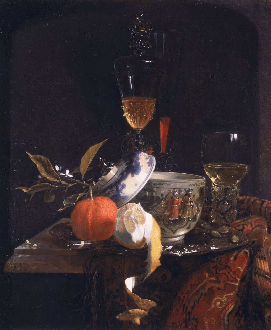 Still Life with Chinese Sugar Jar, Glass Goblet and Fruit by Willem Kalf