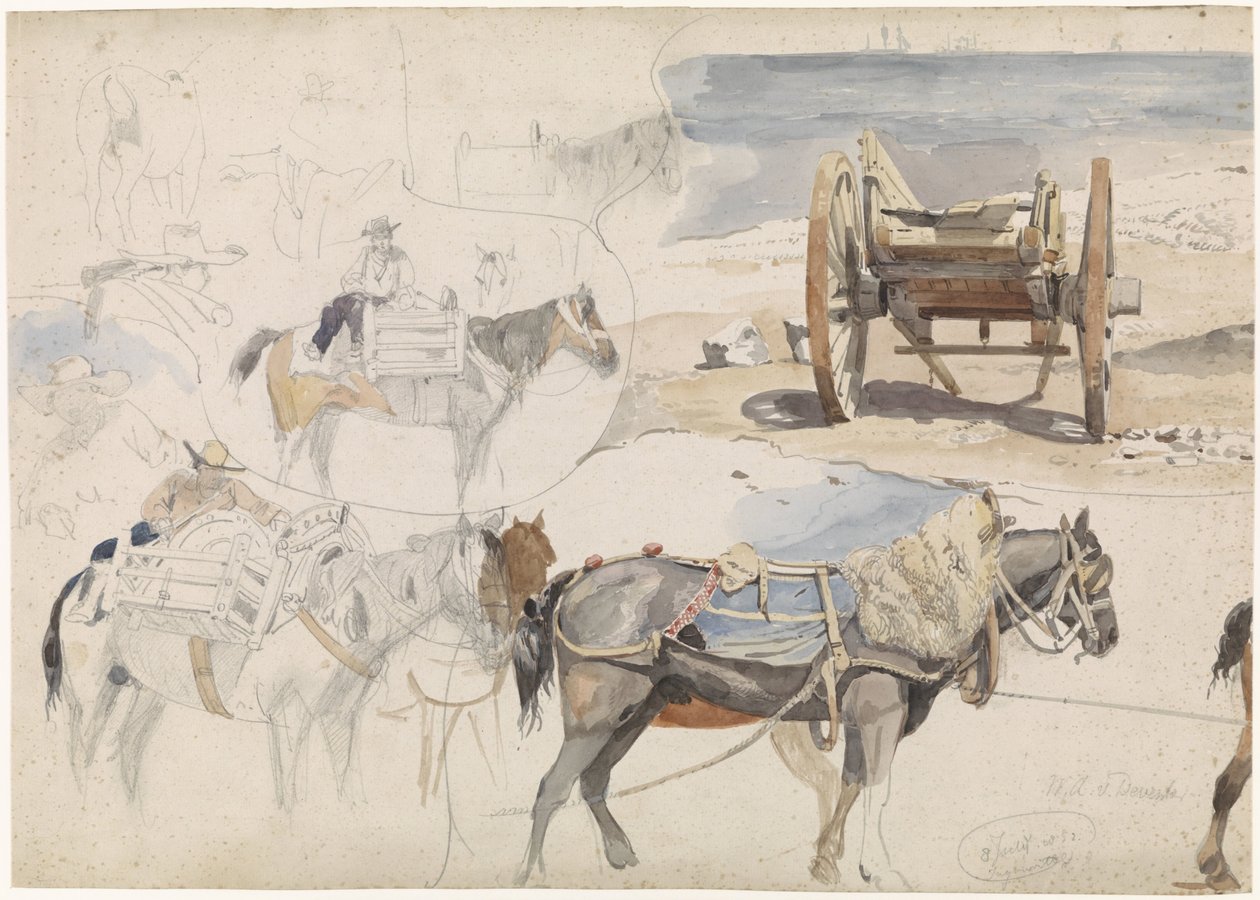 Study Sheet with Shell Cart on the Beach and Various Studies of Horses by Willem Anthonie van Deventer