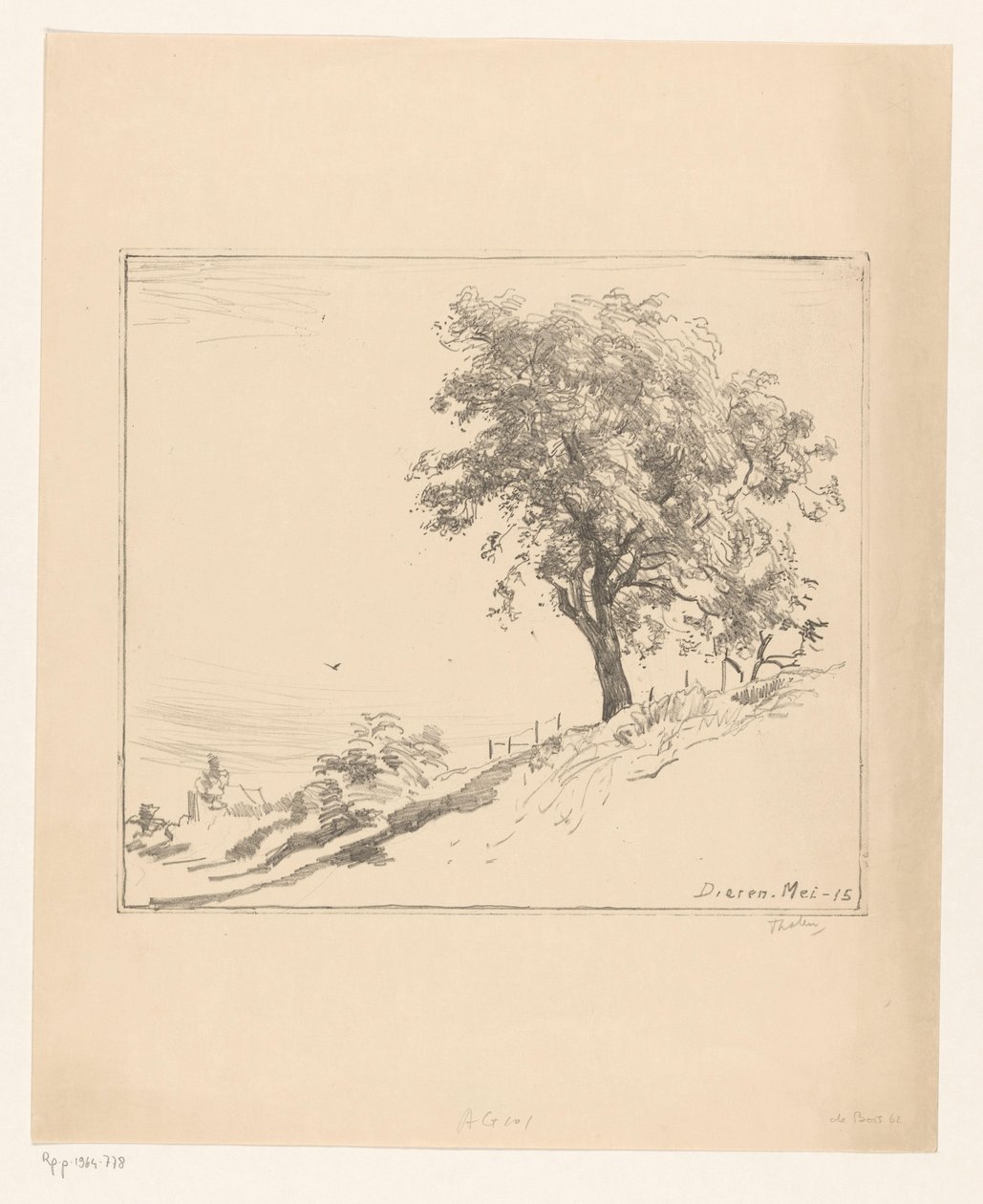 Landscape with Tree on a Dike in Dieren by Willem Bastiaan Tholen (signed by artist)