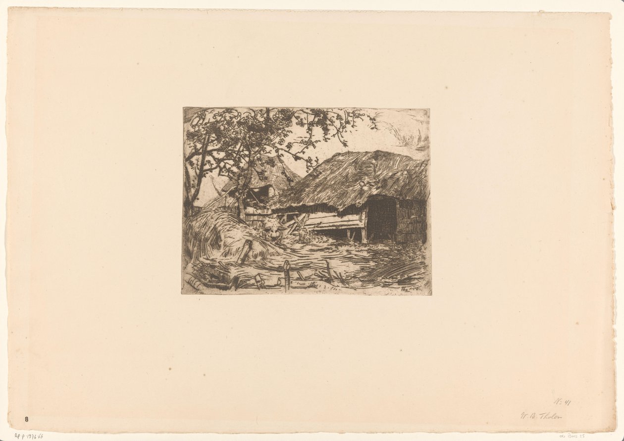 Barns covered with reeds, with a pig in the hay by Willem Bastiaan Tholen