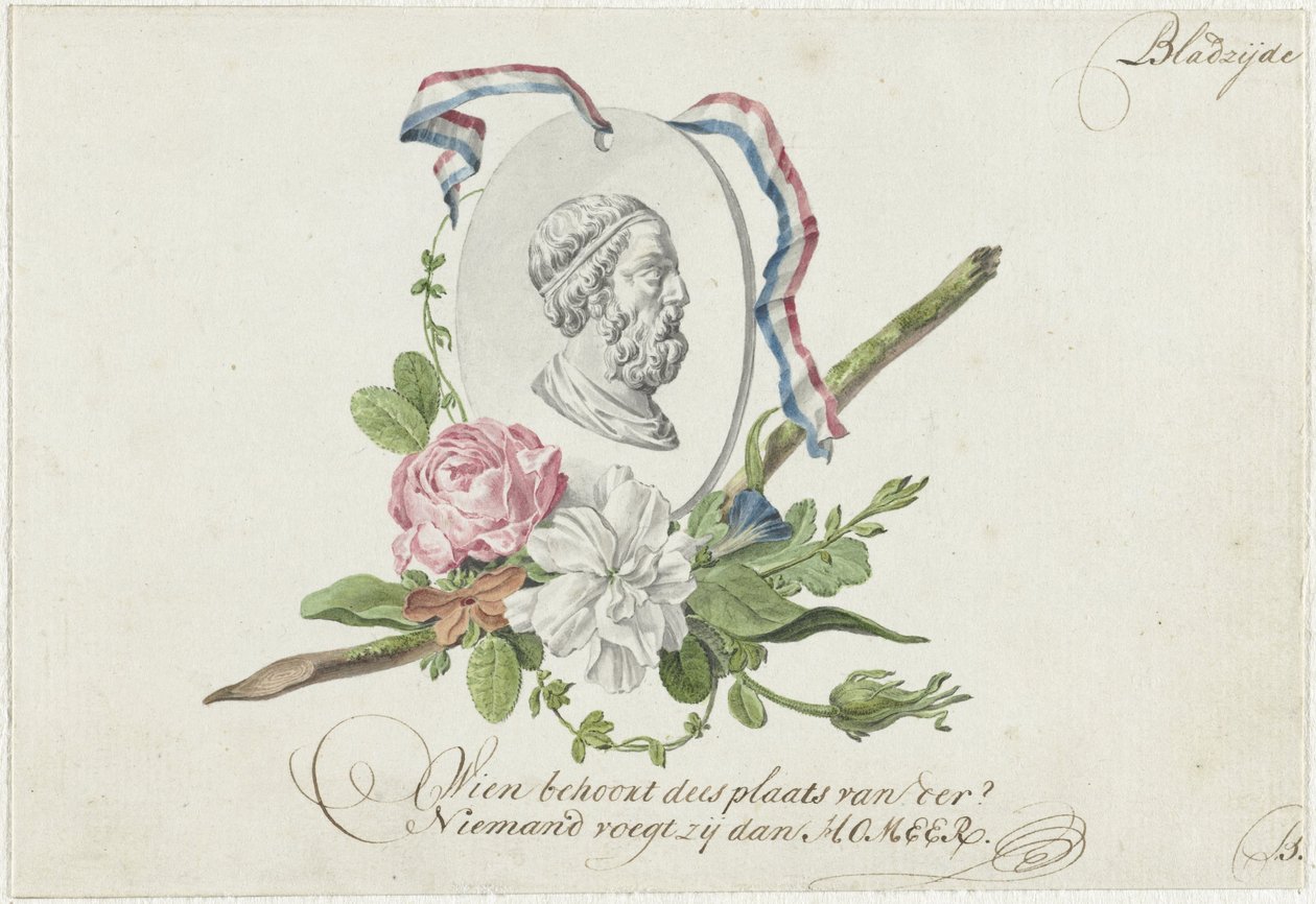 Vignette with Flowers, Portrait Medallion, and Ribbon by Willem Bilderdijk