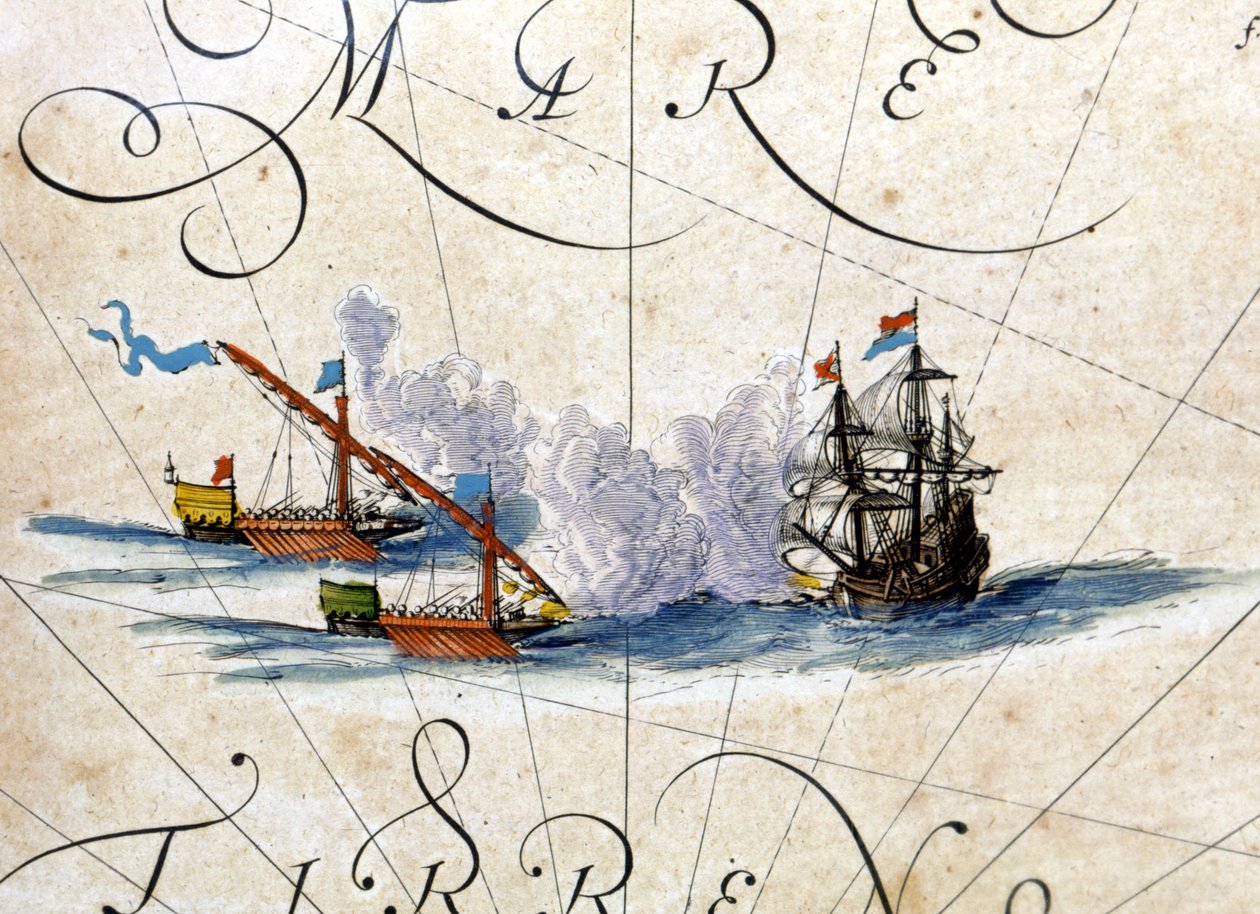 Battle Between Two Galleys and a Caraque. Atlas by Willem Janszoon Blaeu by Willem Blaeu