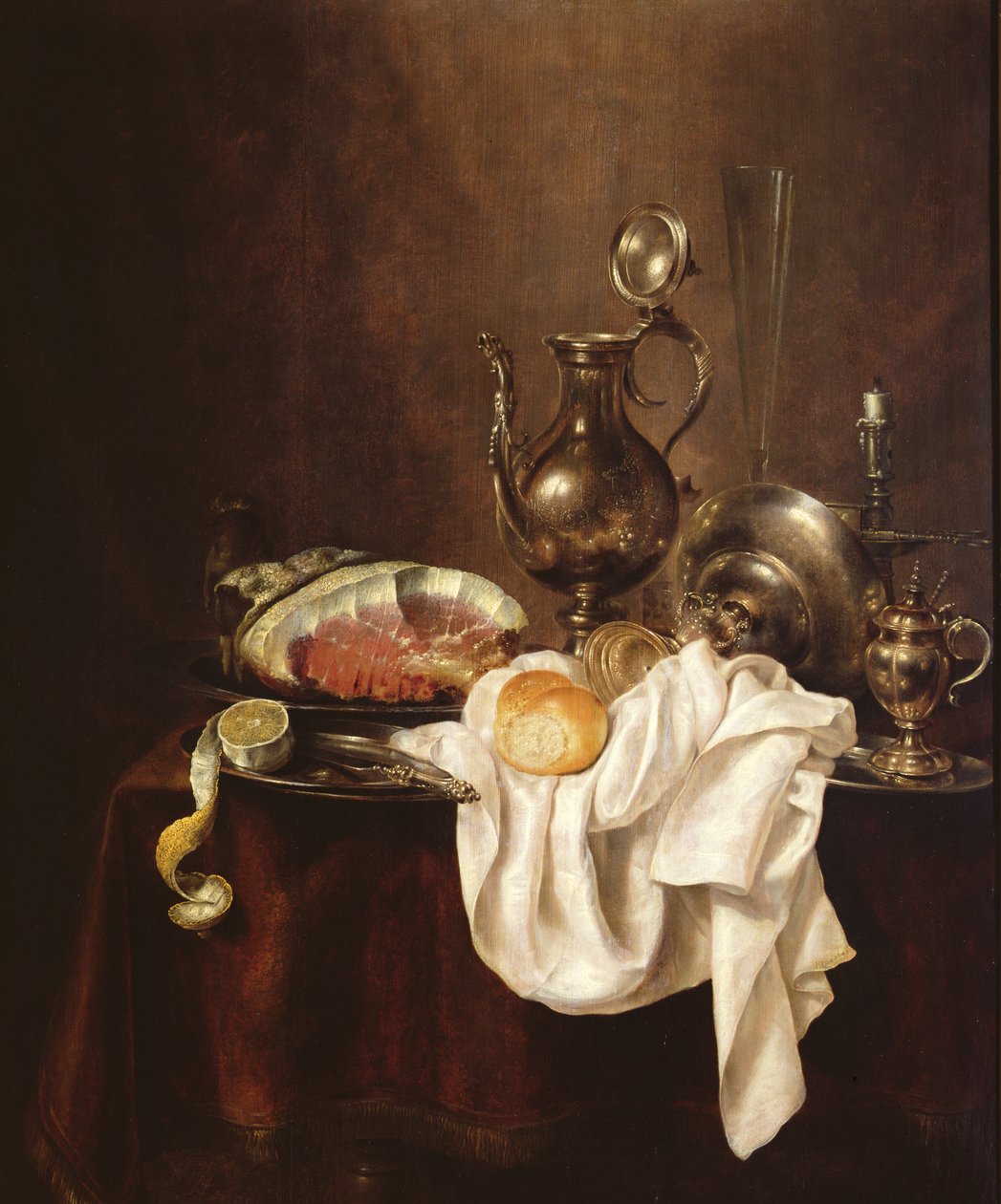 Still Life of Ham and Silver Plate by Willem Claesz. Heda