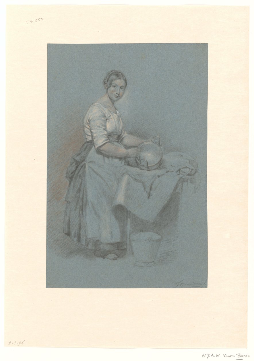 Maid standing by table with copper pan by Willem Johannes Adrianus Wijnandus Voorn Boers