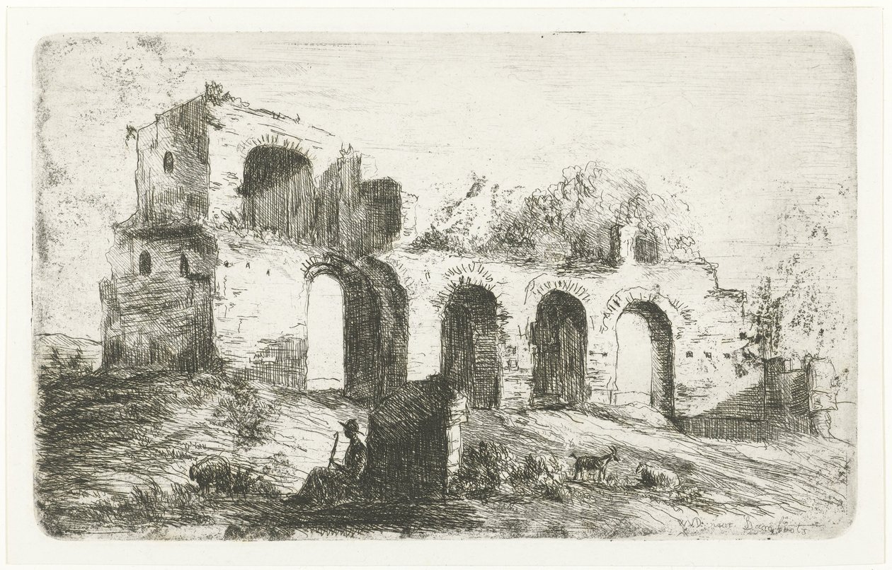 Southern Landscape with Ruin and Shepherd with Livestock by Willem Matthias Jan van Dielen