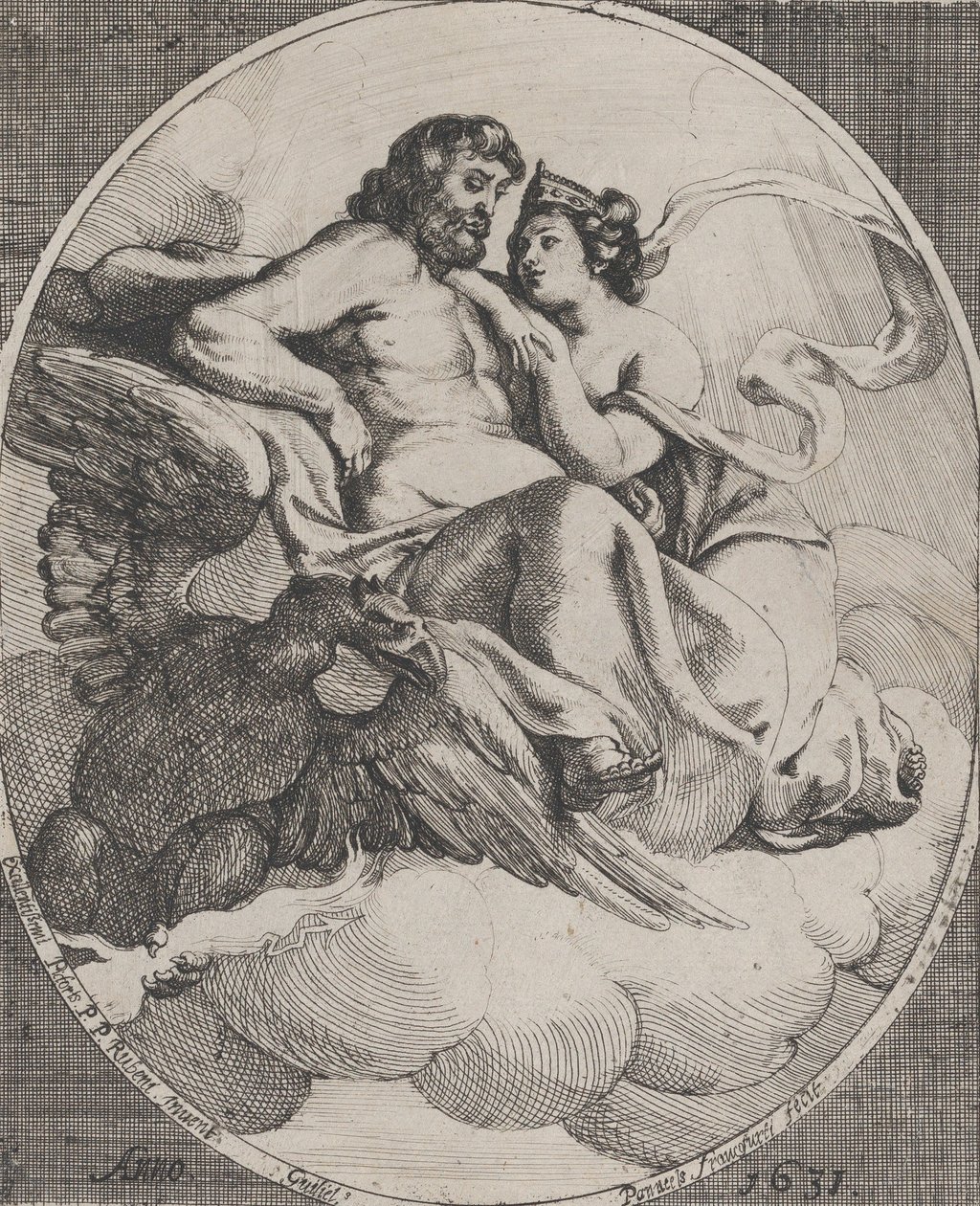 Jupiter and Juno seated on clouds, with an eagle holding thunderbolts below at left, 1631 by Willem Panneels