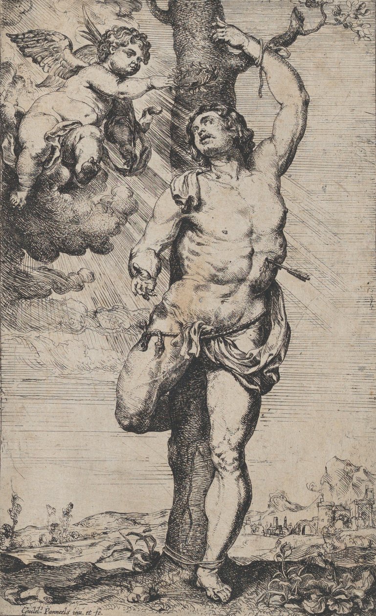 The Martyrdom of Saint Sebastian, with angels crowning him at upper left by Willem Panneels