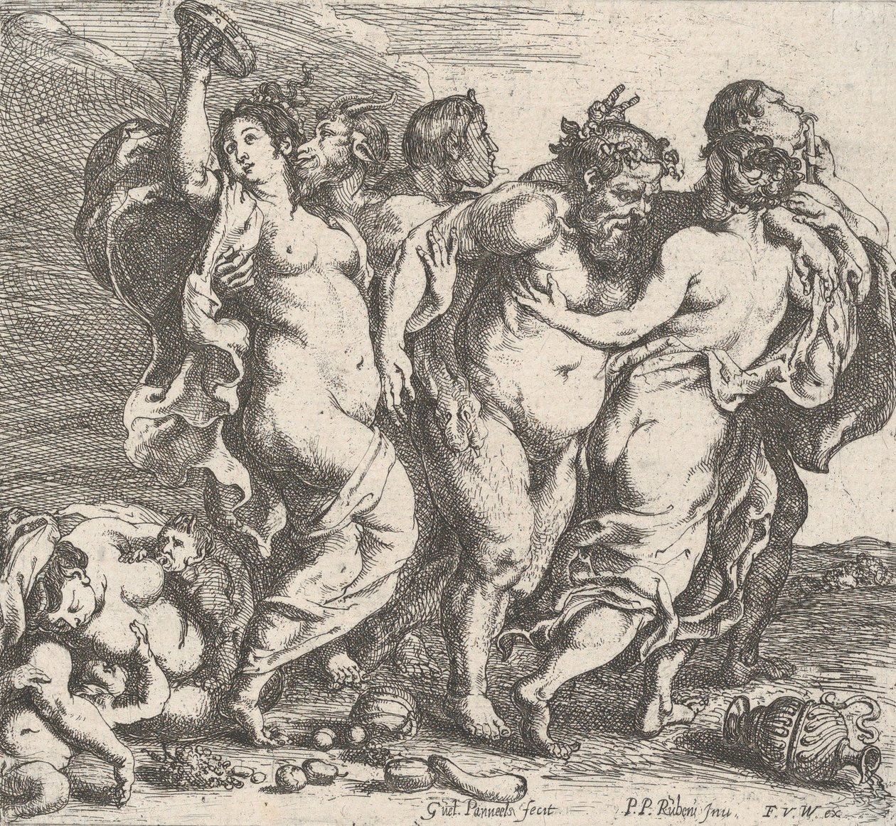 The drunken Silenus, accompanied by nymphs and satyrs by Willem Panneels