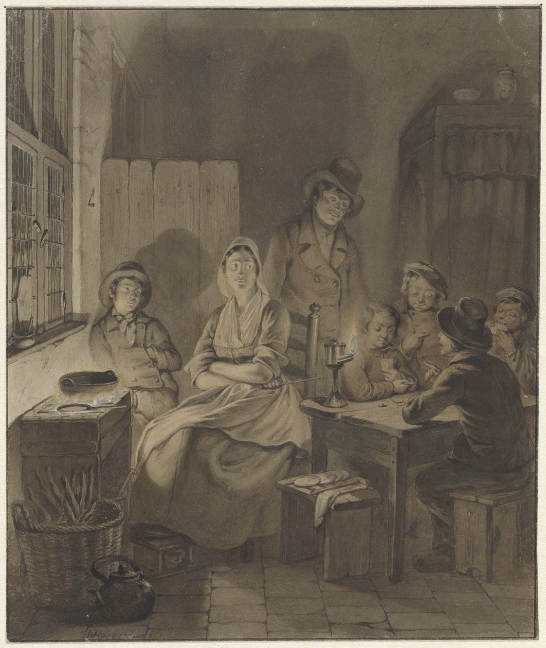 Interior with Group of People Around a Table by Candlelight by Willem Pieter Hoevenaar
