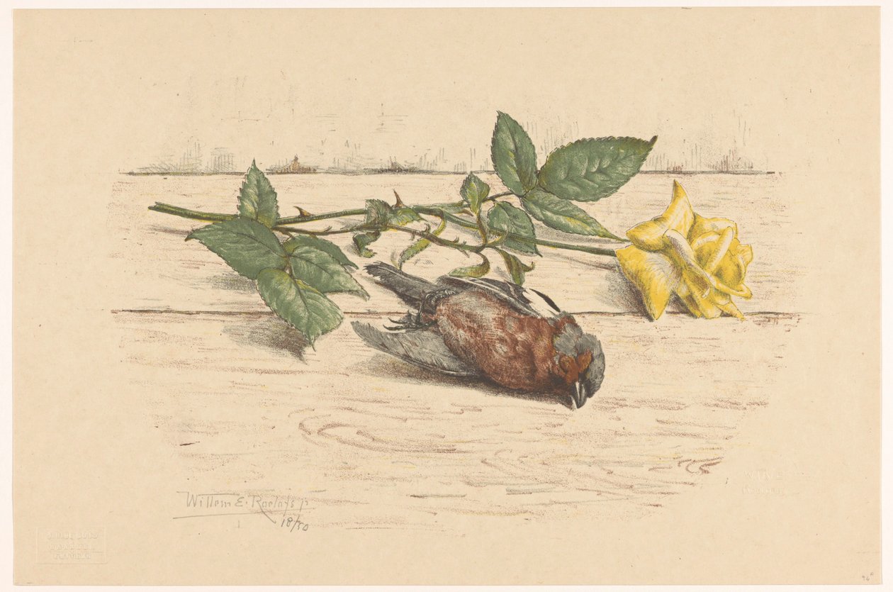 Dead Finch Lying Next to a Rose by Willem Roelofs (II) (signed by artist)