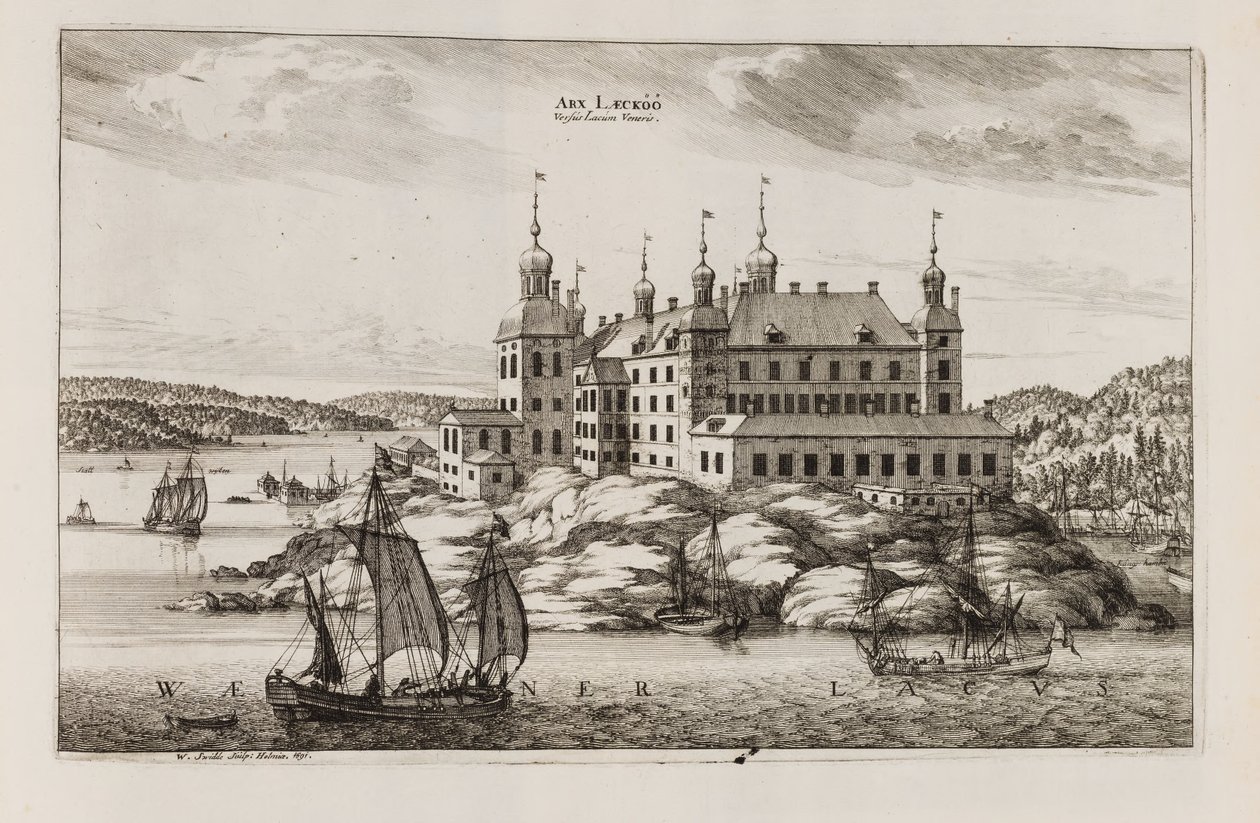 Läckö Castle towards Vänern. from "Suecia antiqua et hodierna" by Willem Swidde
