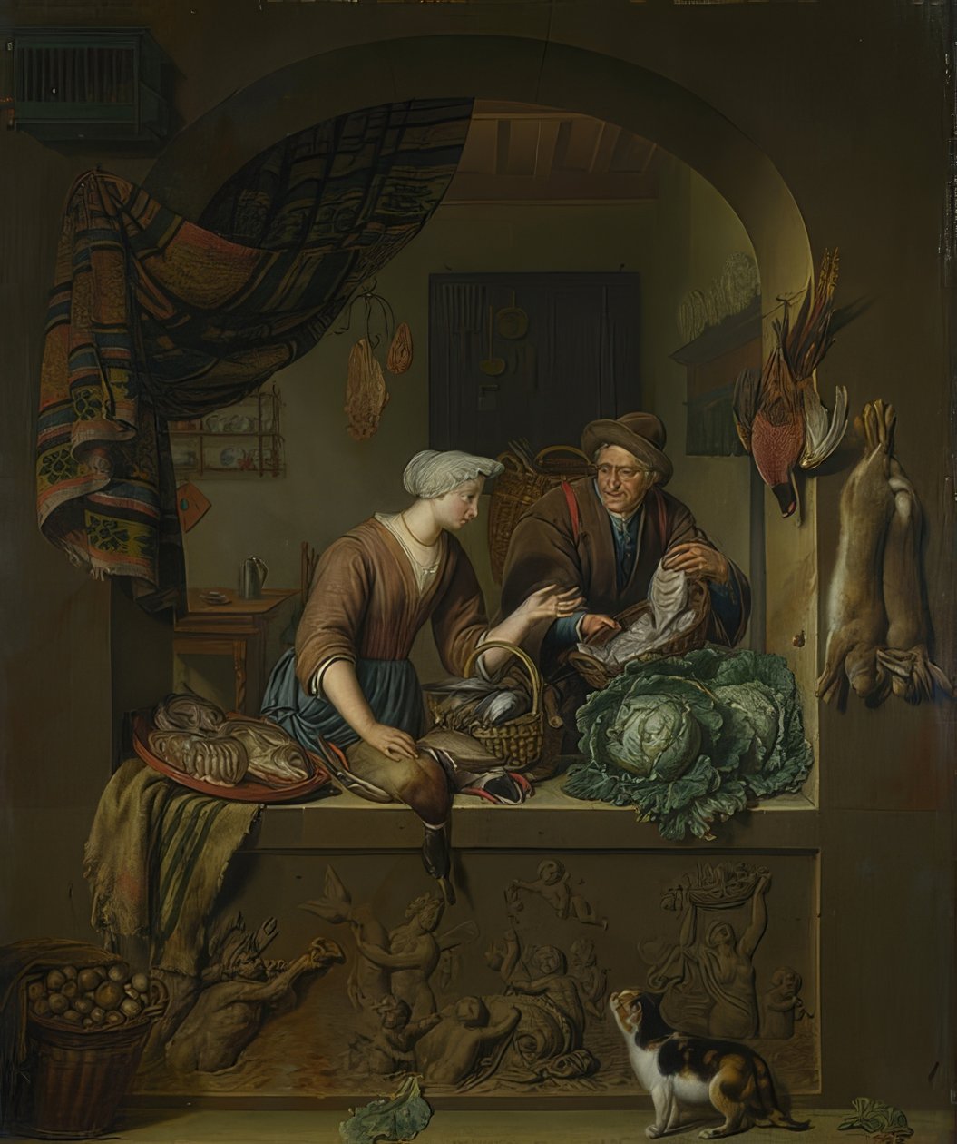 Woman and Fishmonger in the Kitchen by Willem Van Mieris