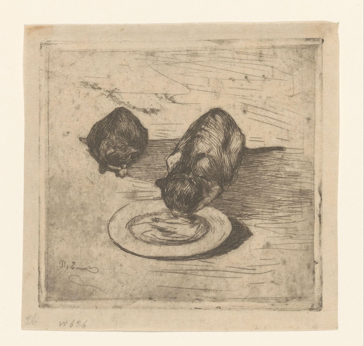 Two Cats, One Drinking from a Plate by Willem de Zwart