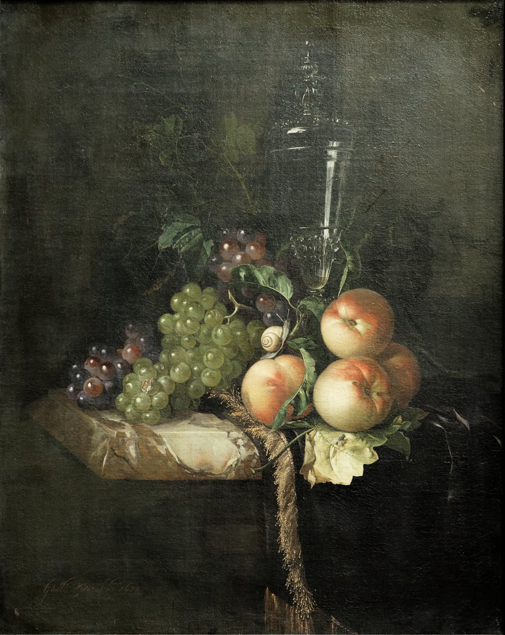 Grapes, Peaches and Big Glass by Willem van Aelst