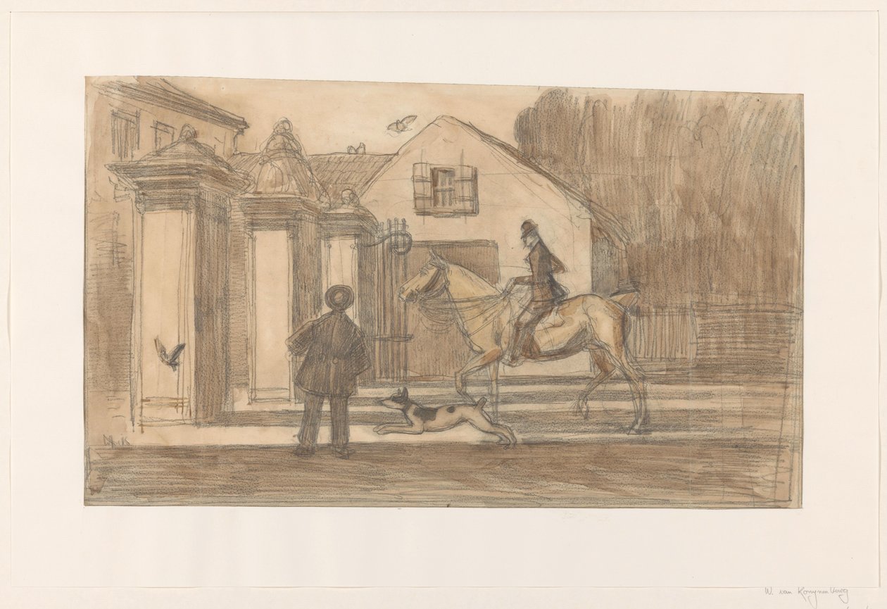 The Gate on the Scheveningseweg in The Hague; a Rider with Dog Passing by Willem van Konijnenburg