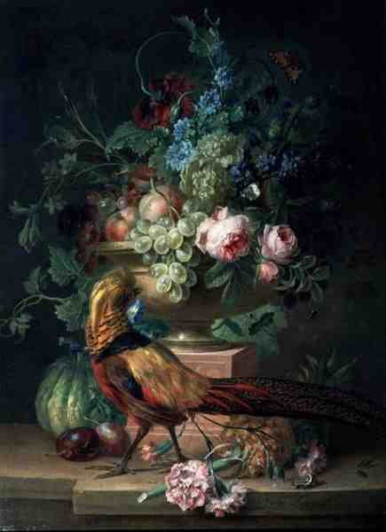 Still Life with Flowers and a Pheasant (oil on canvas) by Willem van Leen