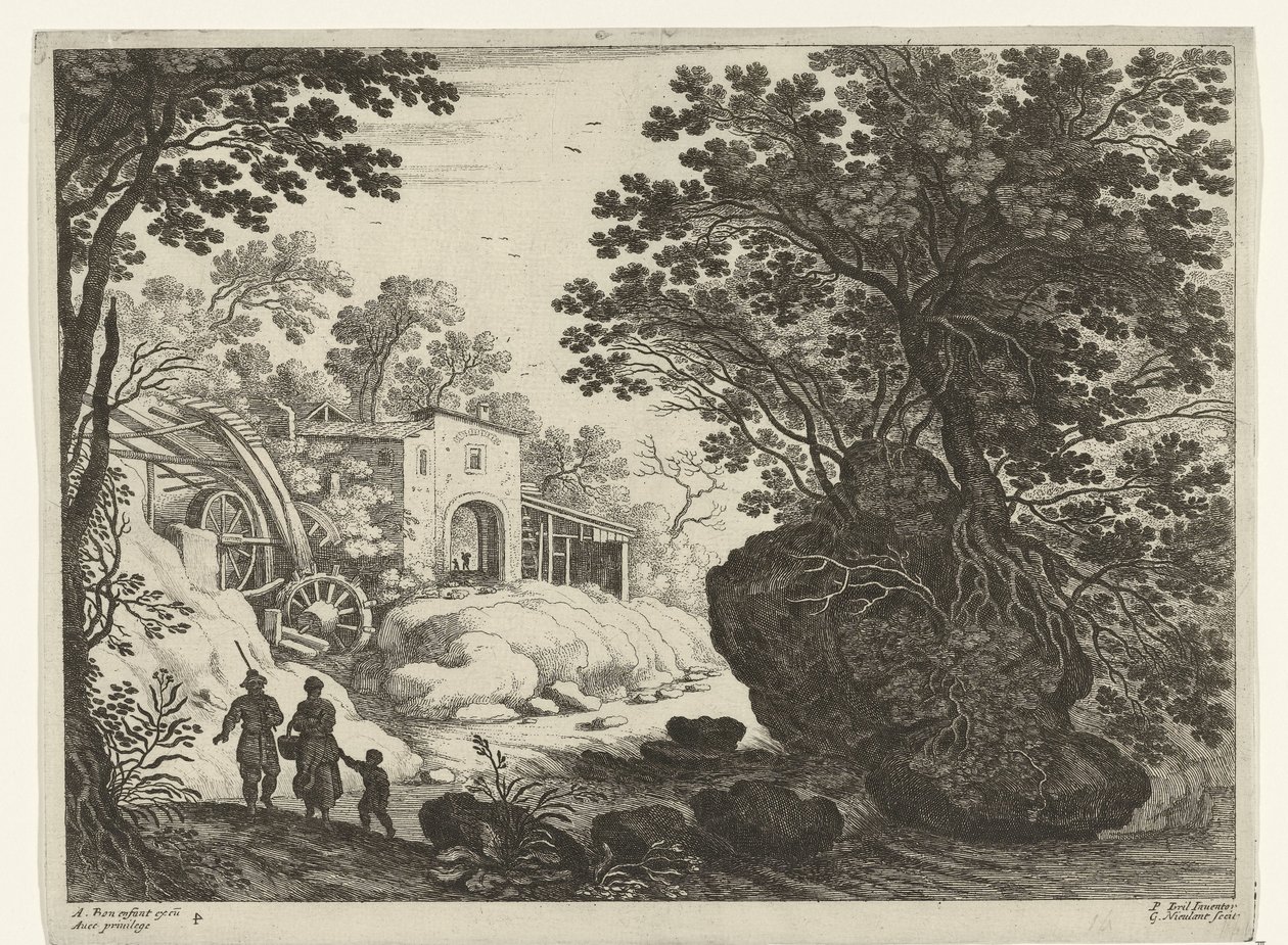 Couple and Child by a Watermill (Italian Landscapes) by Willem van Nieulandt (II)